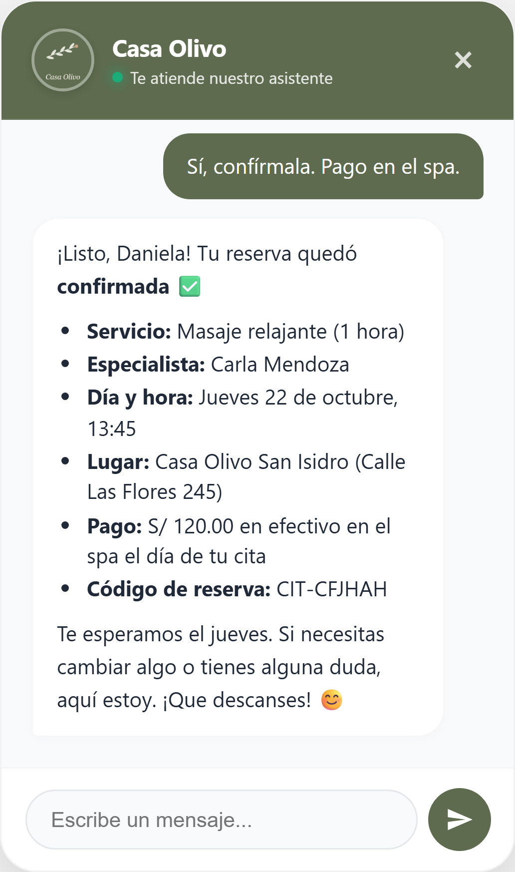 El asistente confirma una cita con la especialista elegida