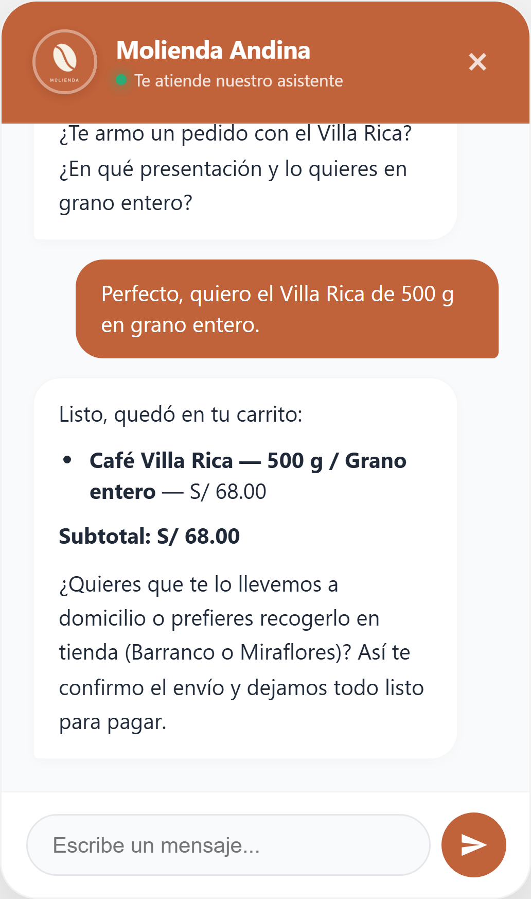 El asistente agrega al carrito el café elegido con su precio