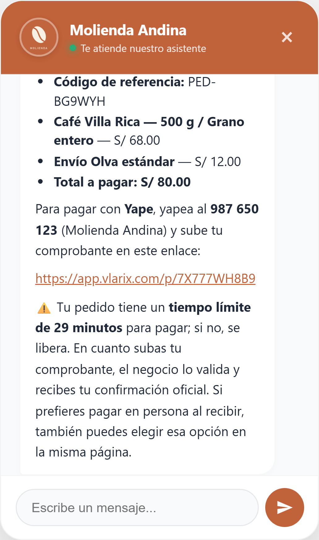El chat de la tienda: el asistente deja el pedido registrado con su enlace de pago