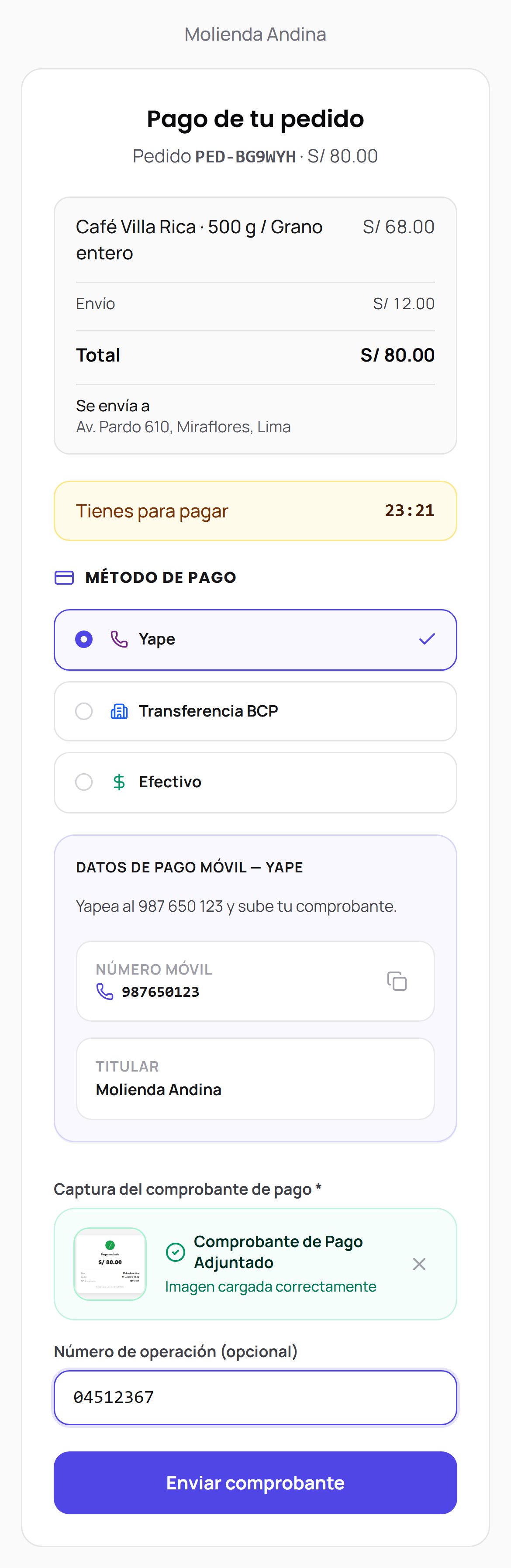 La página de pago: el cliente elige Yape y sube su comprobante