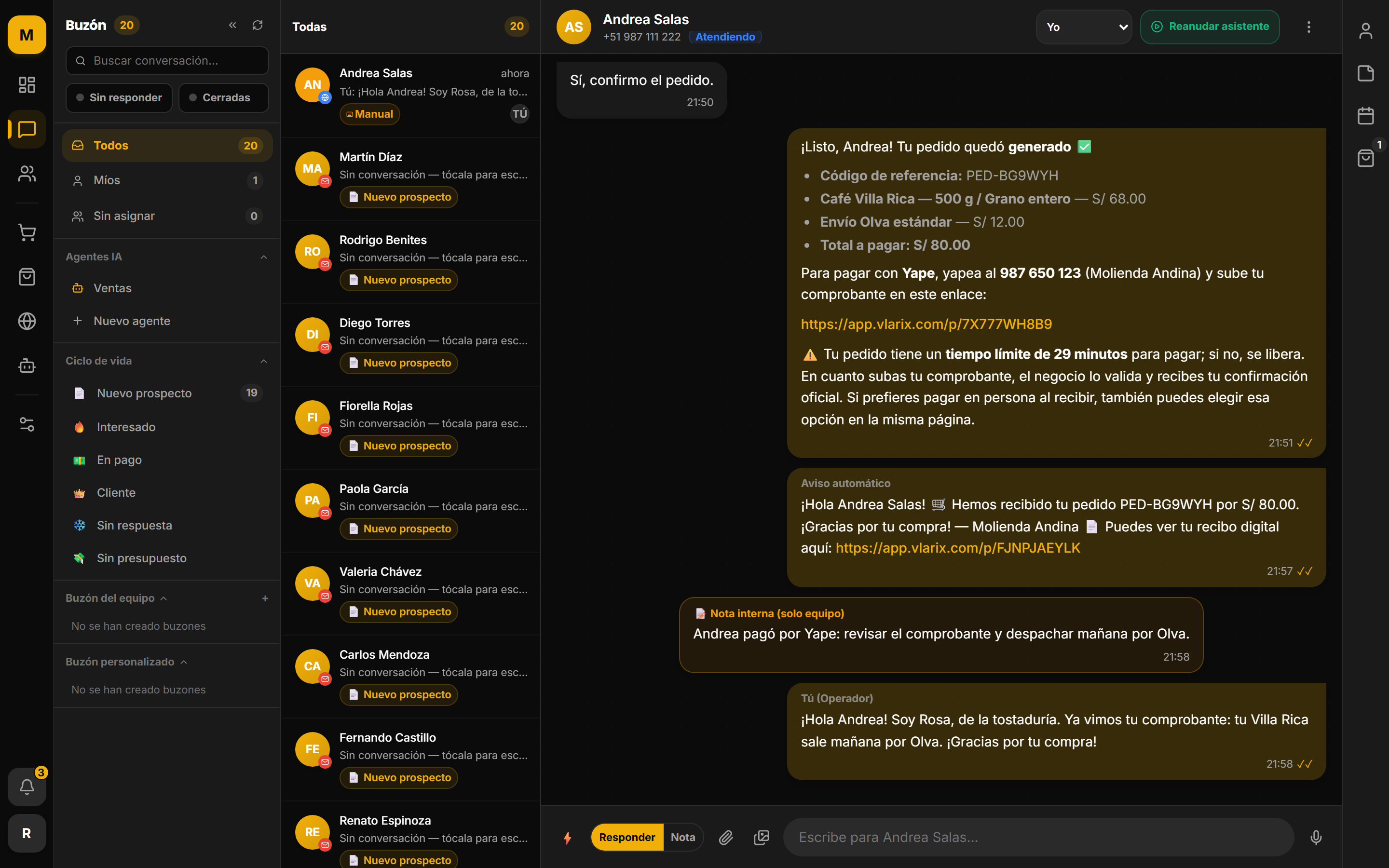 La conversación en la bandeja, con la nota interna del equipo